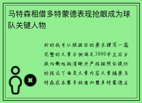 马特森租借多特蒙德表现抢眼成为球队关键人物